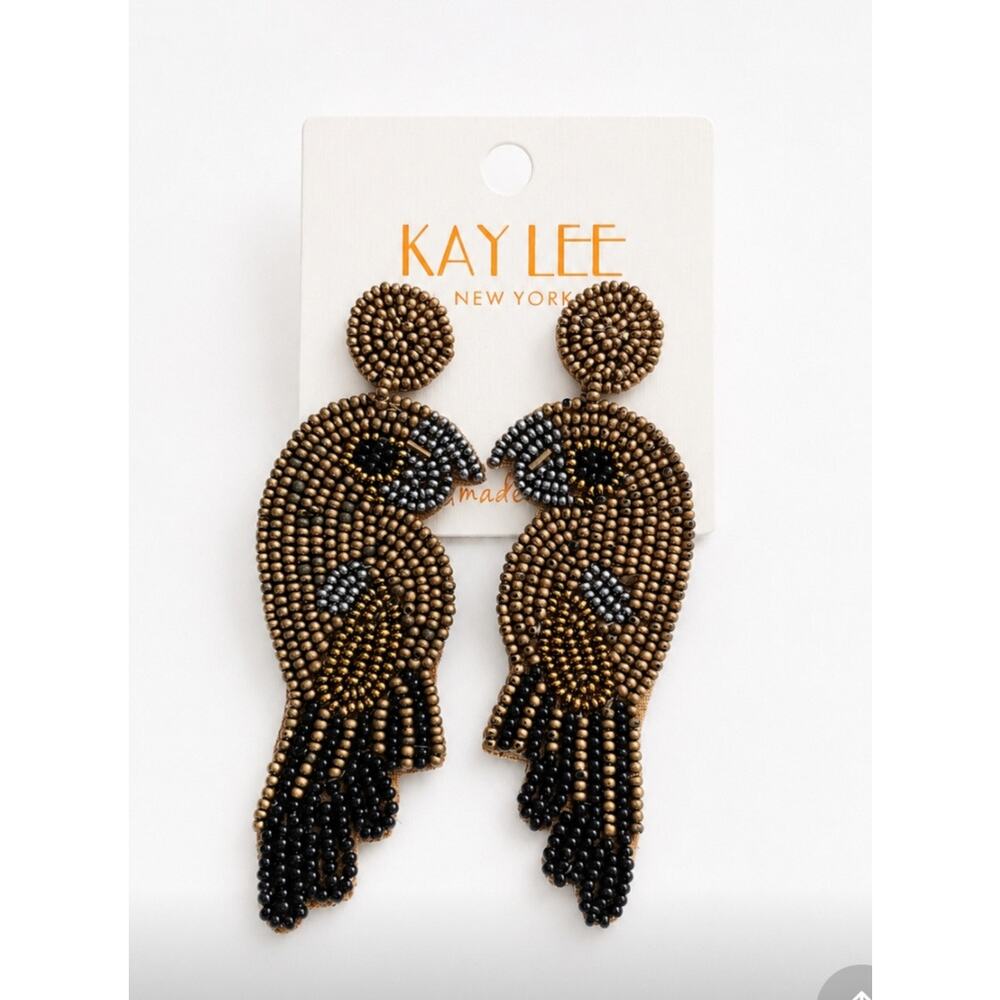 Kay Lee Gold Bird Beaded Earrings New - Picture 3 of 3